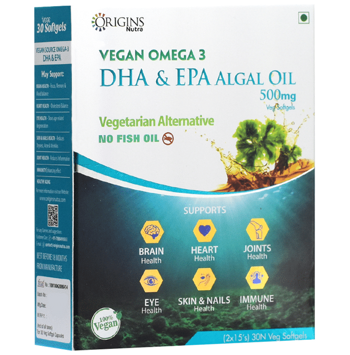 Origins Nutra Vegan Omega 3 DHA & EPA Algal Oil 500mg Veg Softgel