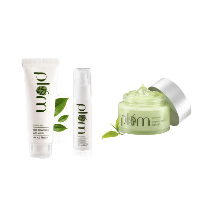 Plum Combo Pack of Green Tea Pore Cleansing Face Wash 75gm, Mattifying Moisturizer 50ml & Night Gel 50gm