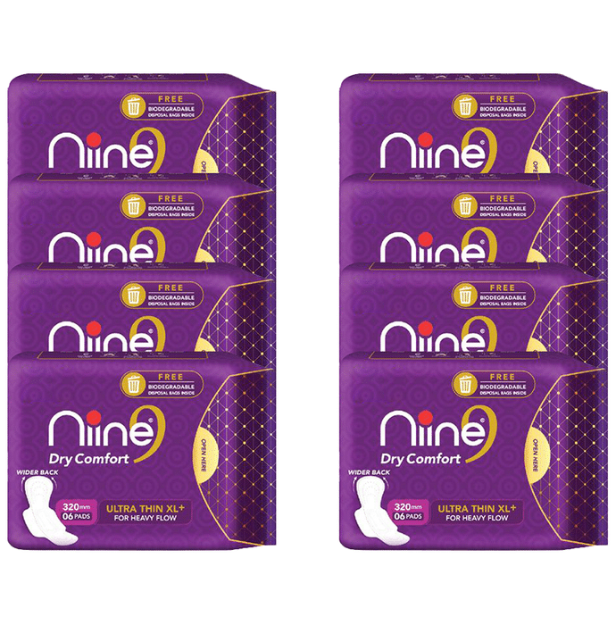 Niine Dry Comfort Ultra Thin Sanitary Pads for Heavy Flow with Biodegradable Disposable Bags Inside (6 Each) XL+