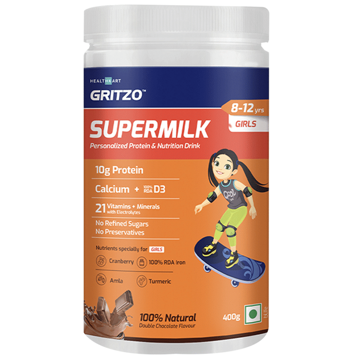 Gritzo SuperMilk Personalized Protein & Nutrition Drink 8-12 yrs Girls Double Chocolate