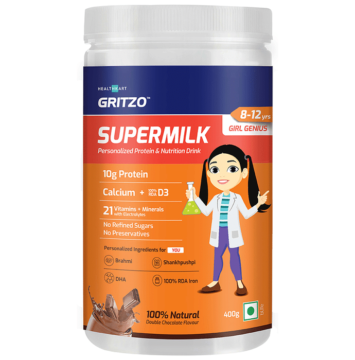 Gritzo SuperMilk Personalized Protein & Nutrition Drink 8-12 Yrs Girl Genius Double Chocolate