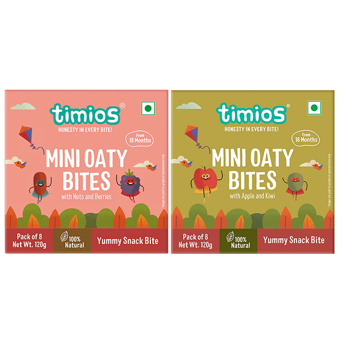 Timios Combo Pack of Mini Oaty Bites with Nuts and Berries & Mini Oaty Bites with Apple and Kiwi from 18 Months (120gm Each)